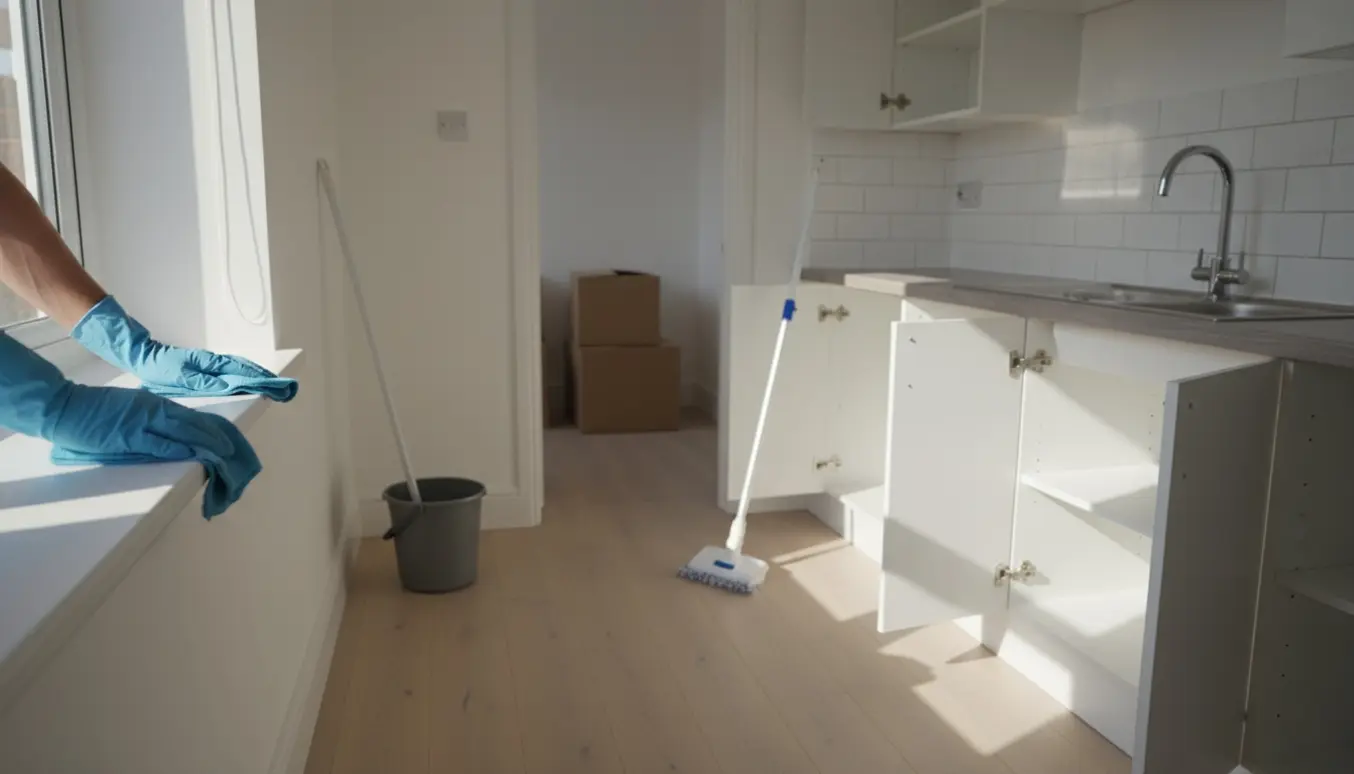 Gummihandsker tørrer en vindueskarm i et lyst rækkehus under fraflytningsrengøring.