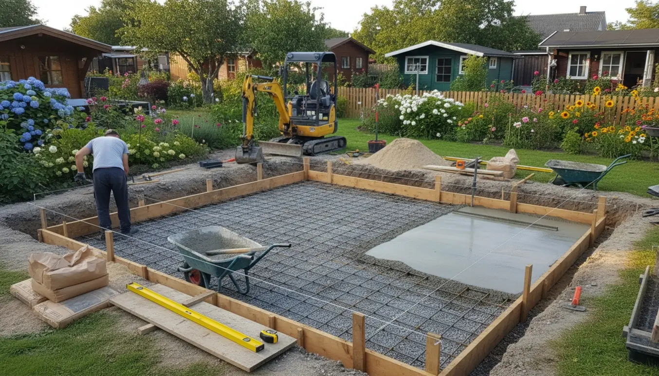 Udgravning og opbygning af fuldt fundament til nyt kolonihavehus med forskalling, armering og våd beton, uden synlige ansigter.