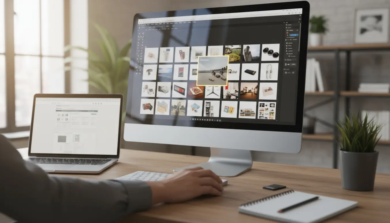 Et skrivebord med en skærm, hvor billeder bliver gjort ens i størrelse, mens hænder arbejder med musen.