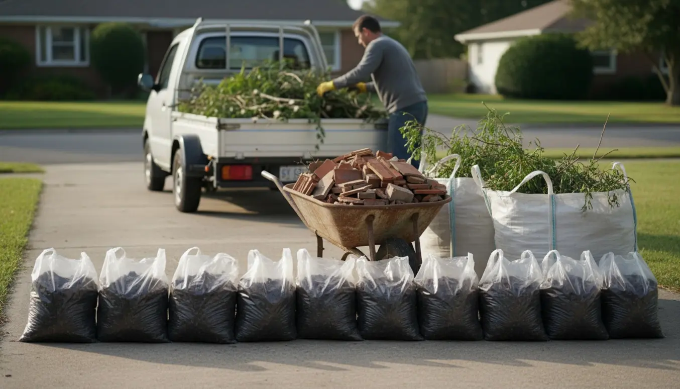 Trailer læsses med haveaffald: gennemsigtige sække med jord, bigbags med grene og en trillebør med mursten.