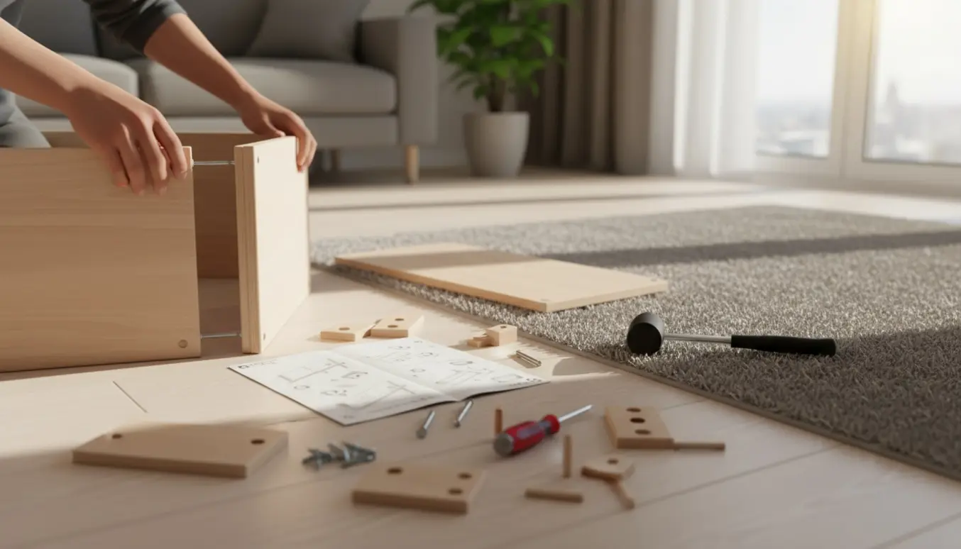 Hænder samler en trækravlegård på gulvet med værktøj og brugsanvisning i varmt naturligt lys.