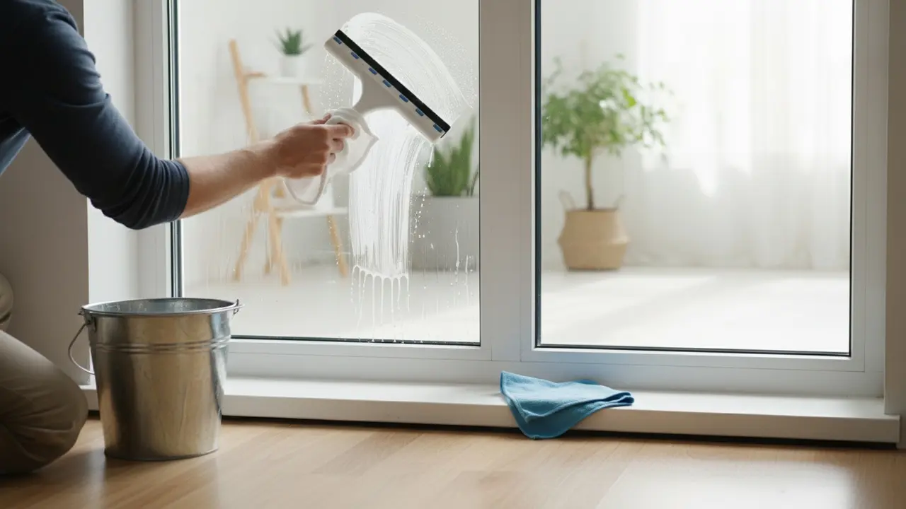 Person pudser vindue indendørs med sæbevandsklud og gummisvaber, spand ved siden af.