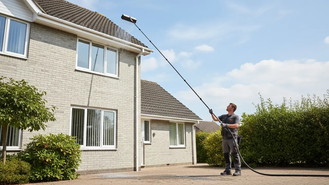 Person bruger teleskopstang med vandførende børste til at vaske højtliggende vindue.