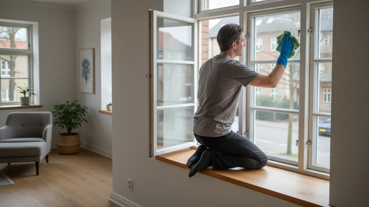 Person pudser dannebrogsvindue indefra med sikker kropsposition, kun arm ude.