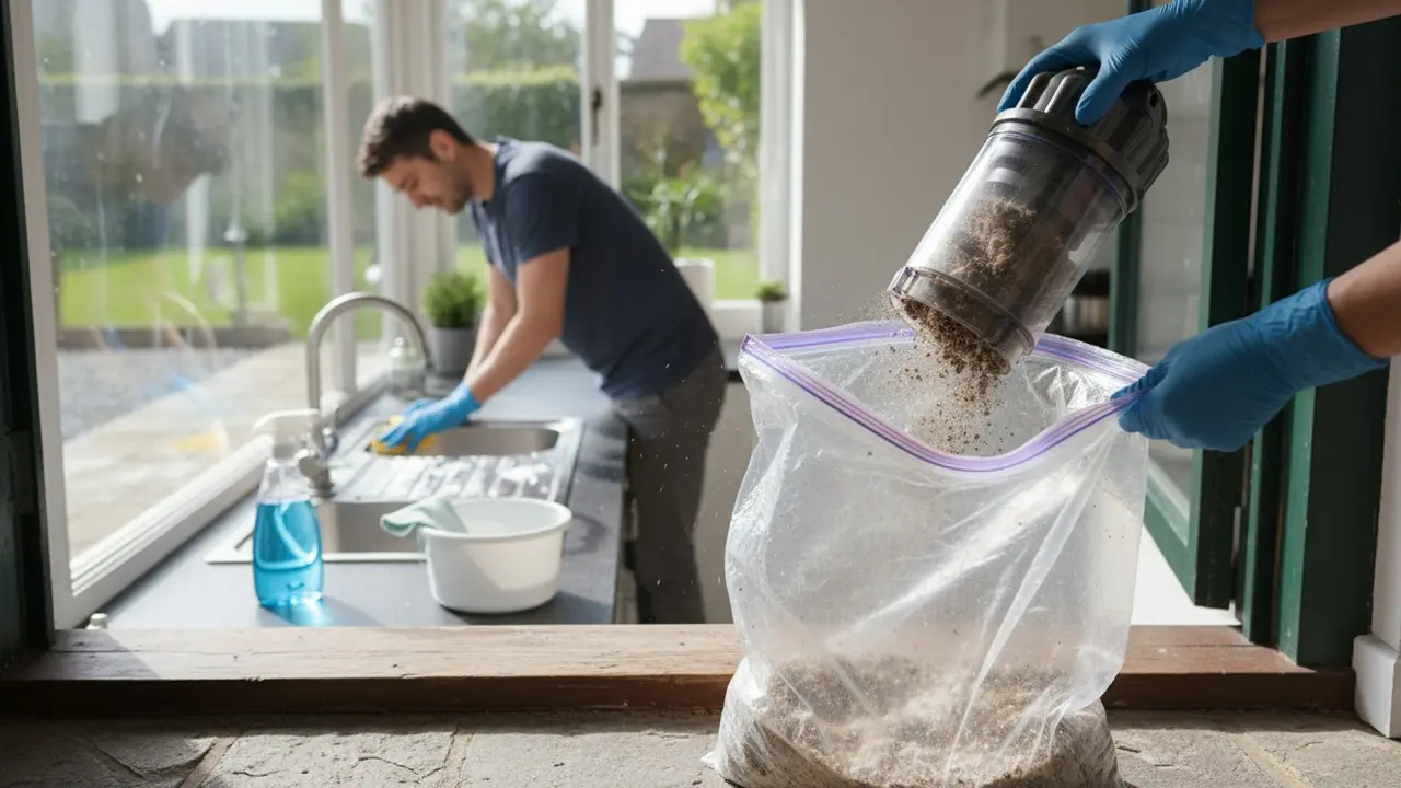 Hænder tømmer støvsugerbeholder i plastikpose ude ved døren, mens der gøres rent indendørs