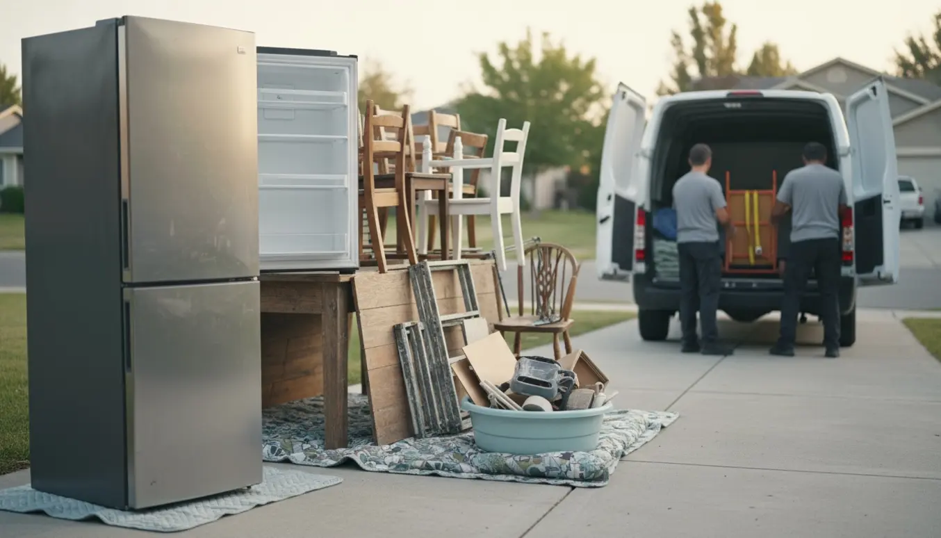 Storskrald på indkørsel med køleskab, bord, stole og reoler ved en åben kassevogn klar til afhentning.