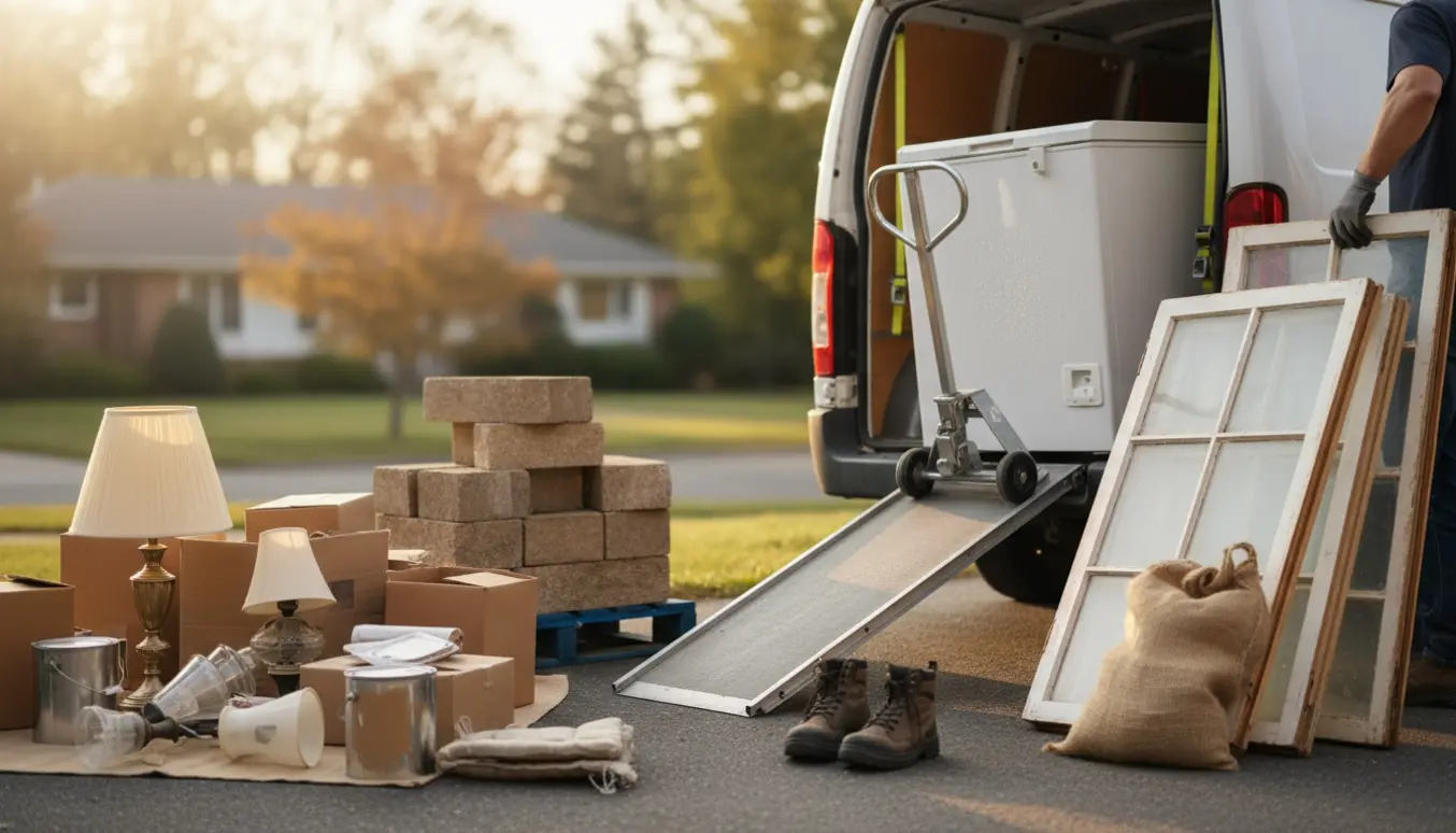 Blandet groft affald og store genstande læsses på en varevogn i en indkørsel.