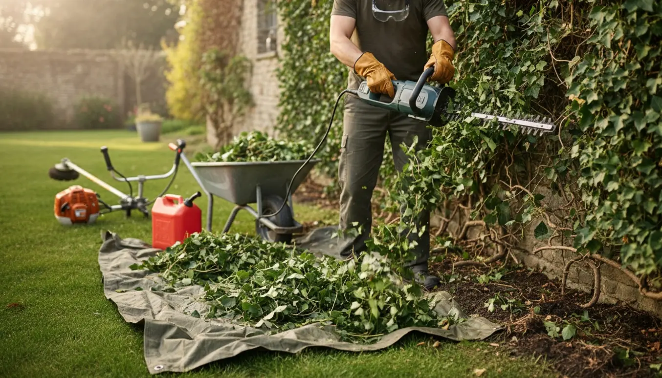 Hækkeklipper klipper efeu ved en hæk, med bunker af afklippet efeu og en buskrydder på græsset.