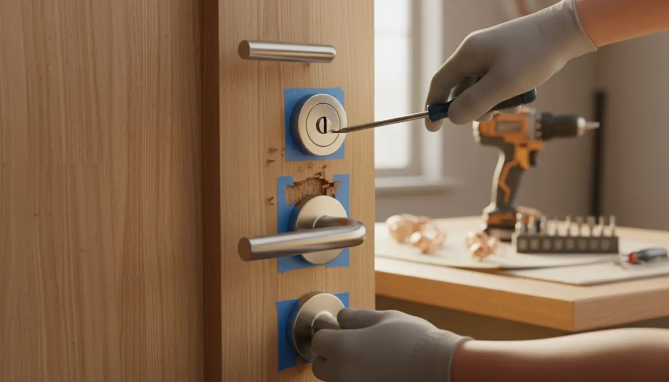 Nærbillede af en trædør hvor håndtaget er monteret lavere end låsen, omgivet af værktøj og træspåner.