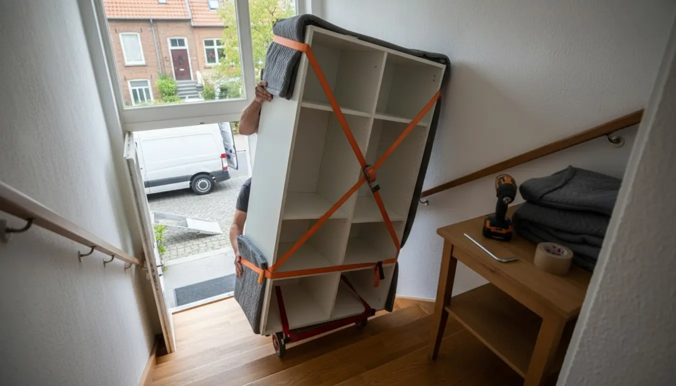 To personer bærer et brugt skab ned ad en trappe i en lejlighed med en flyttevogn ventende udenfor.