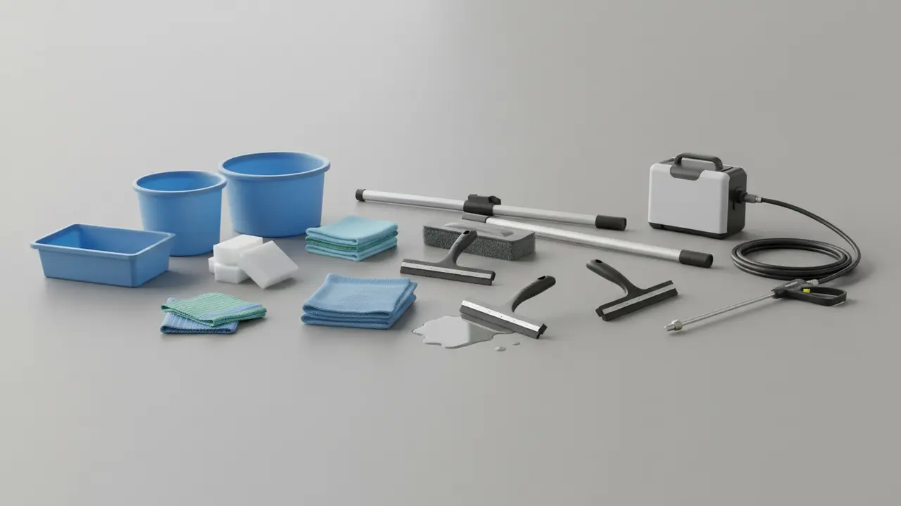 Oversigt over forskelligt vinduespudseudstyr lagt pænt op på et neutralt underlag