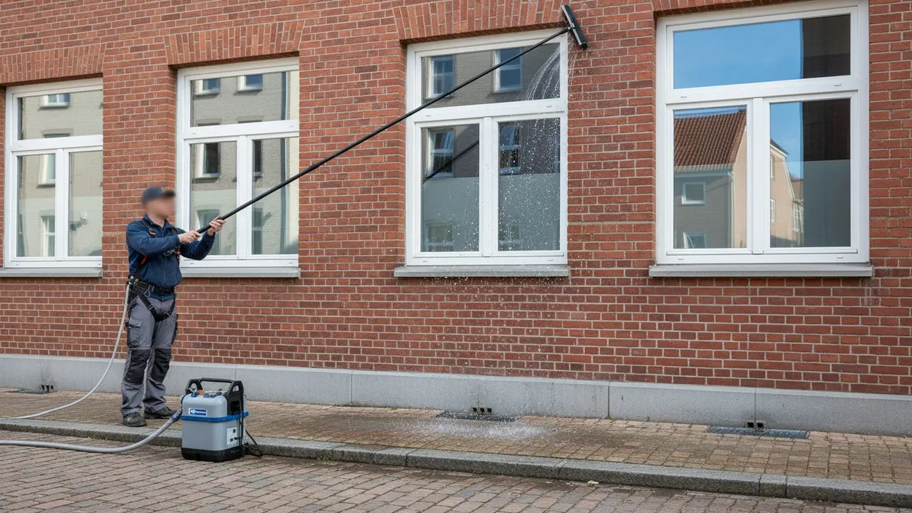 Tekniker bruger teleskopstang med rentvandsanlæg til at pudse ruder højere oppe