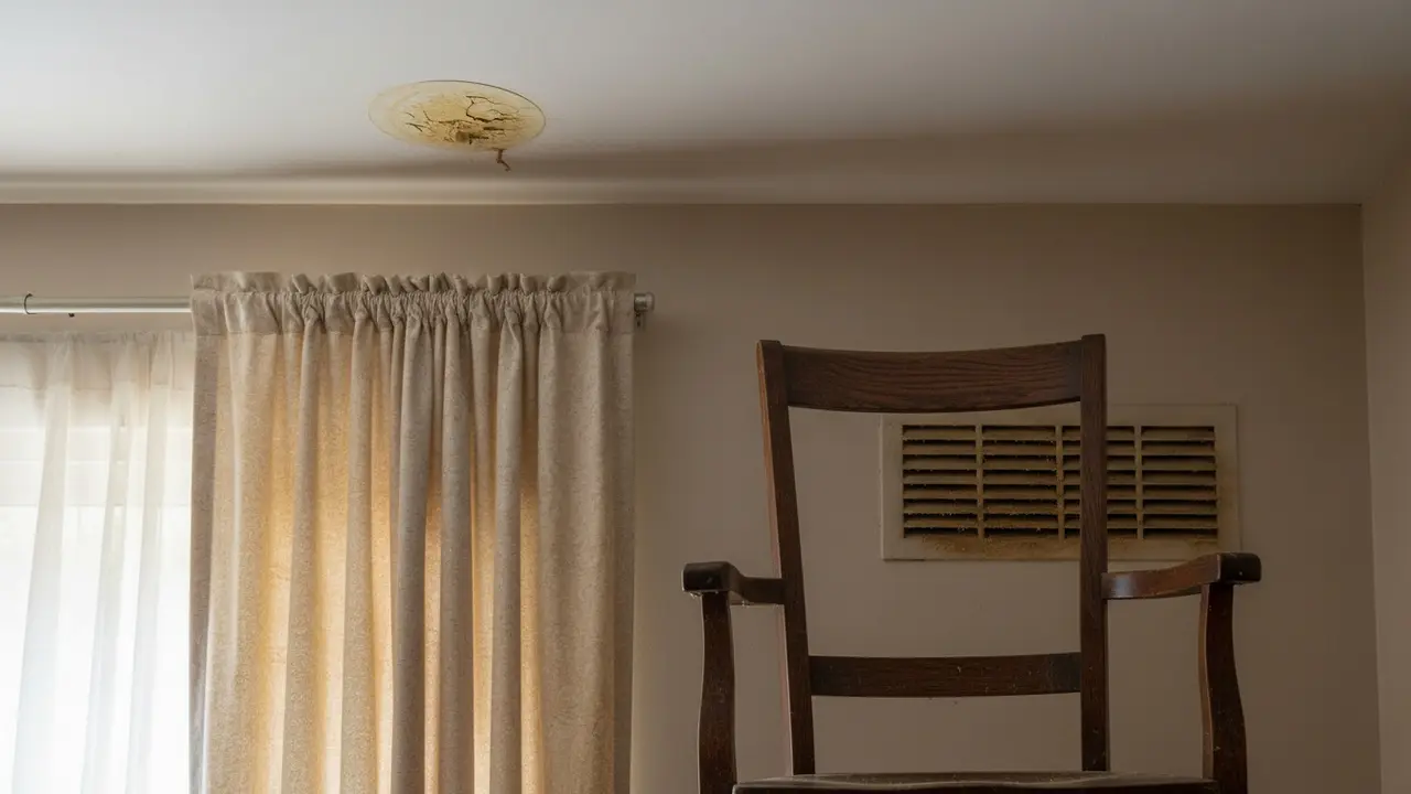 Nærbillede af loftrande, gardin og ventilationsrist med nikotinmisfarvning