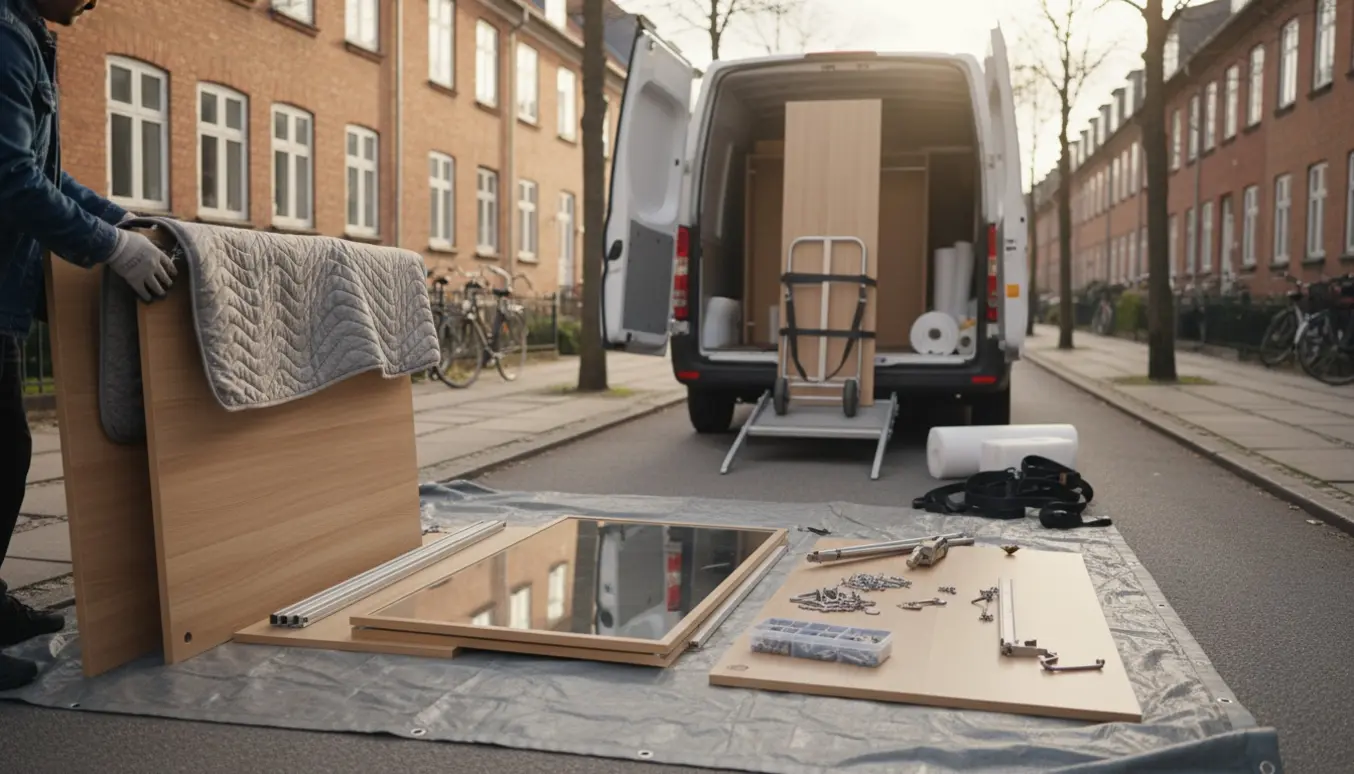 Nedtaget Pax-skab i dele pakkes og læsses i en hvid varevogn på en københavnsk gade.