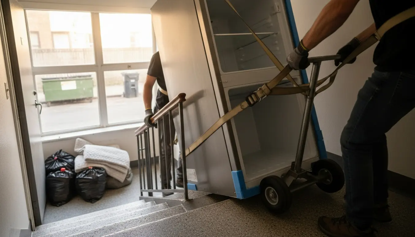 Et stort amerikansk køleskab bæres ned ad en trappe, med døre og indhold fjernet og lagt ved siden af på en trappelanding.