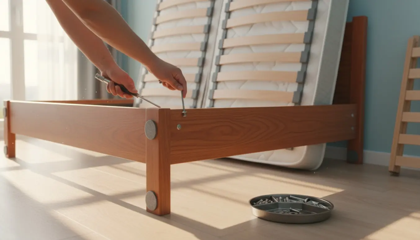 Hænder skruer bolte af en delvist adskilt seng i et lyst, ryddeligt soveværelse.