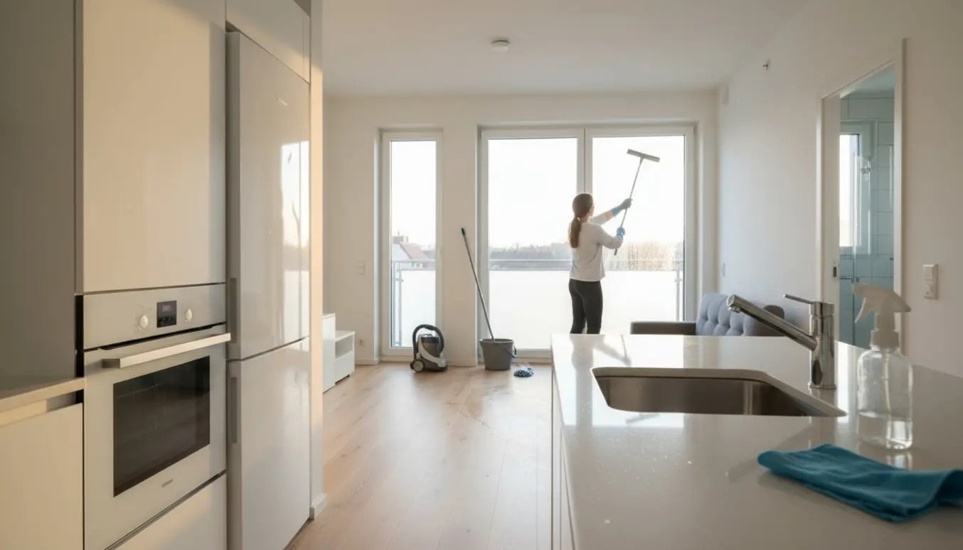 Udflytningsrengøring i en lille 48 m² lejlighed med pudsede overflader, moppe og klud.