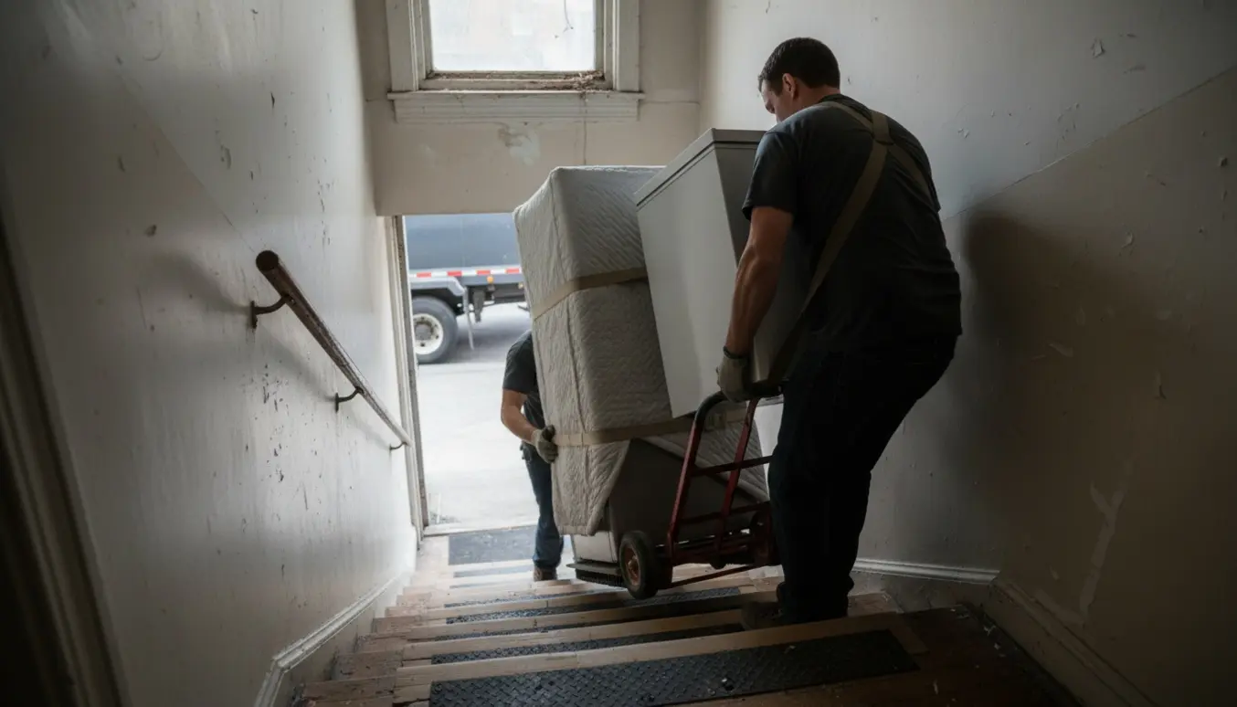Flyttefolk bærer et køleskab og en fryser ned ad en smal trappe uden elevator.