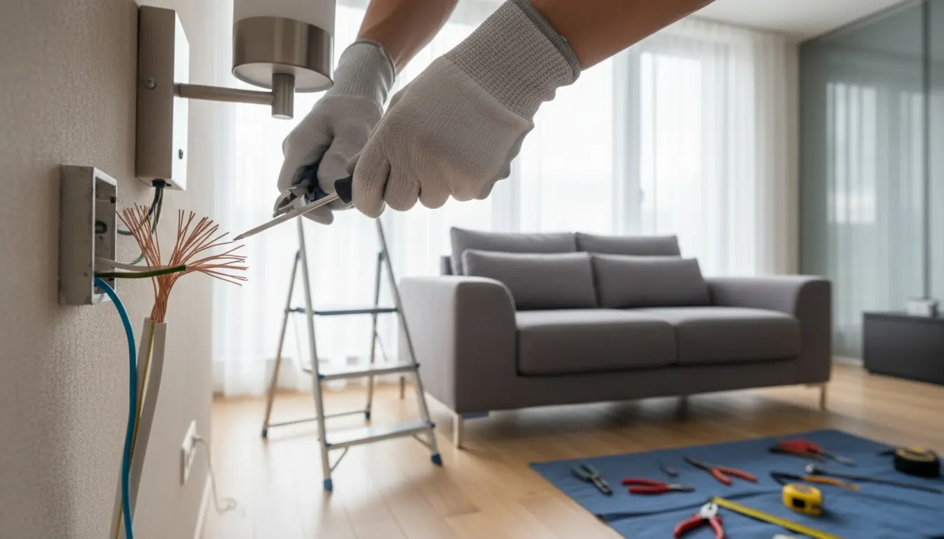 Hænder forkorter ledninger og monterer en lampe i en stue med ny sofa.