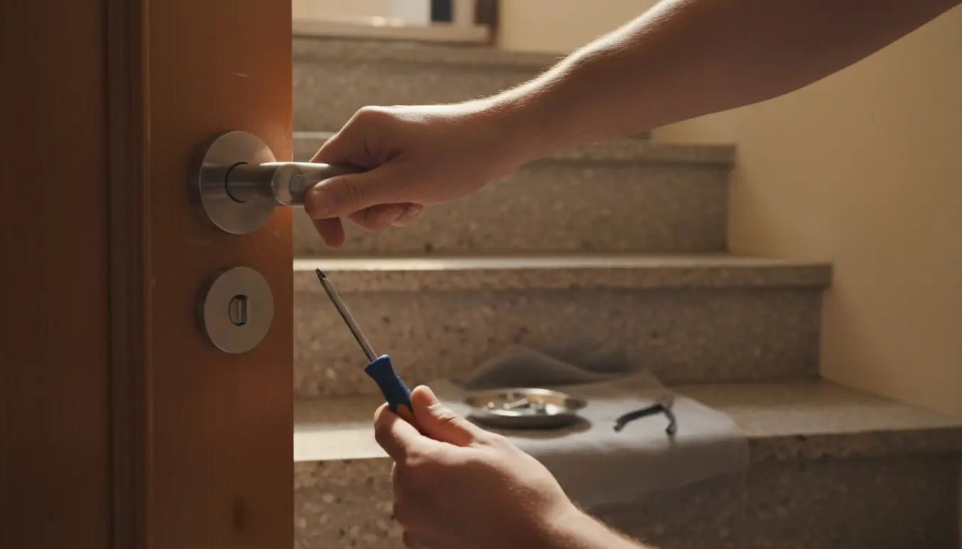 Hænder reparerer et løst dørhåndtag i en ejendoms trappeopgang med skruetrækker og reservedele på en klud.