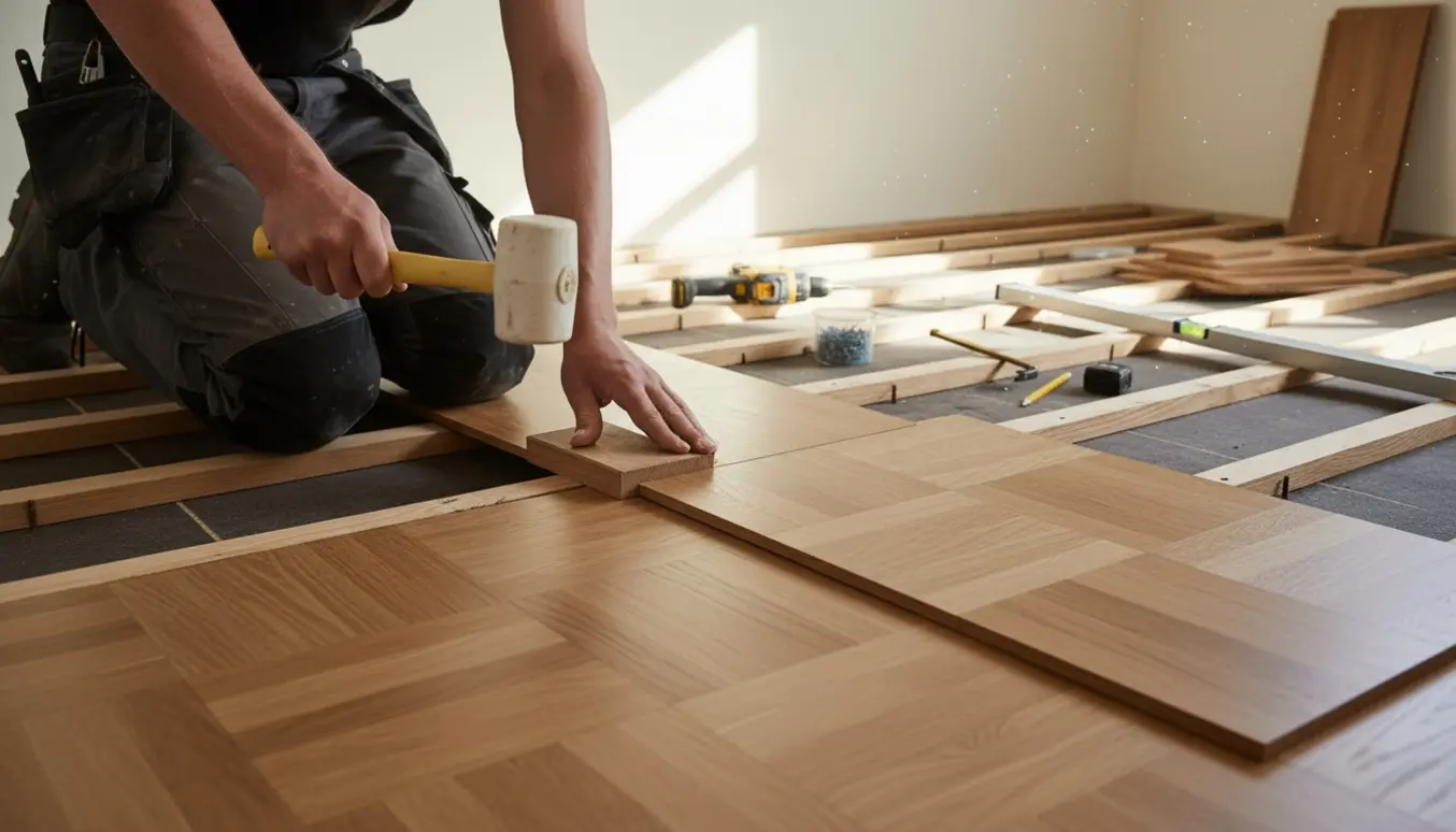Tømrer lægger parketgulv på strøer i et solrigt rum, tæt på hænder og værktøj.