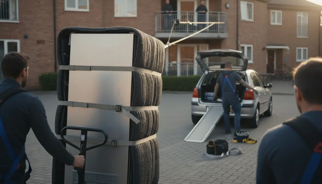 Et ekstra højt køle-/fryseskab på dolly, pakket i flytteplader og straps, klar til at blive løftet ind i en bil foran en boligblok.