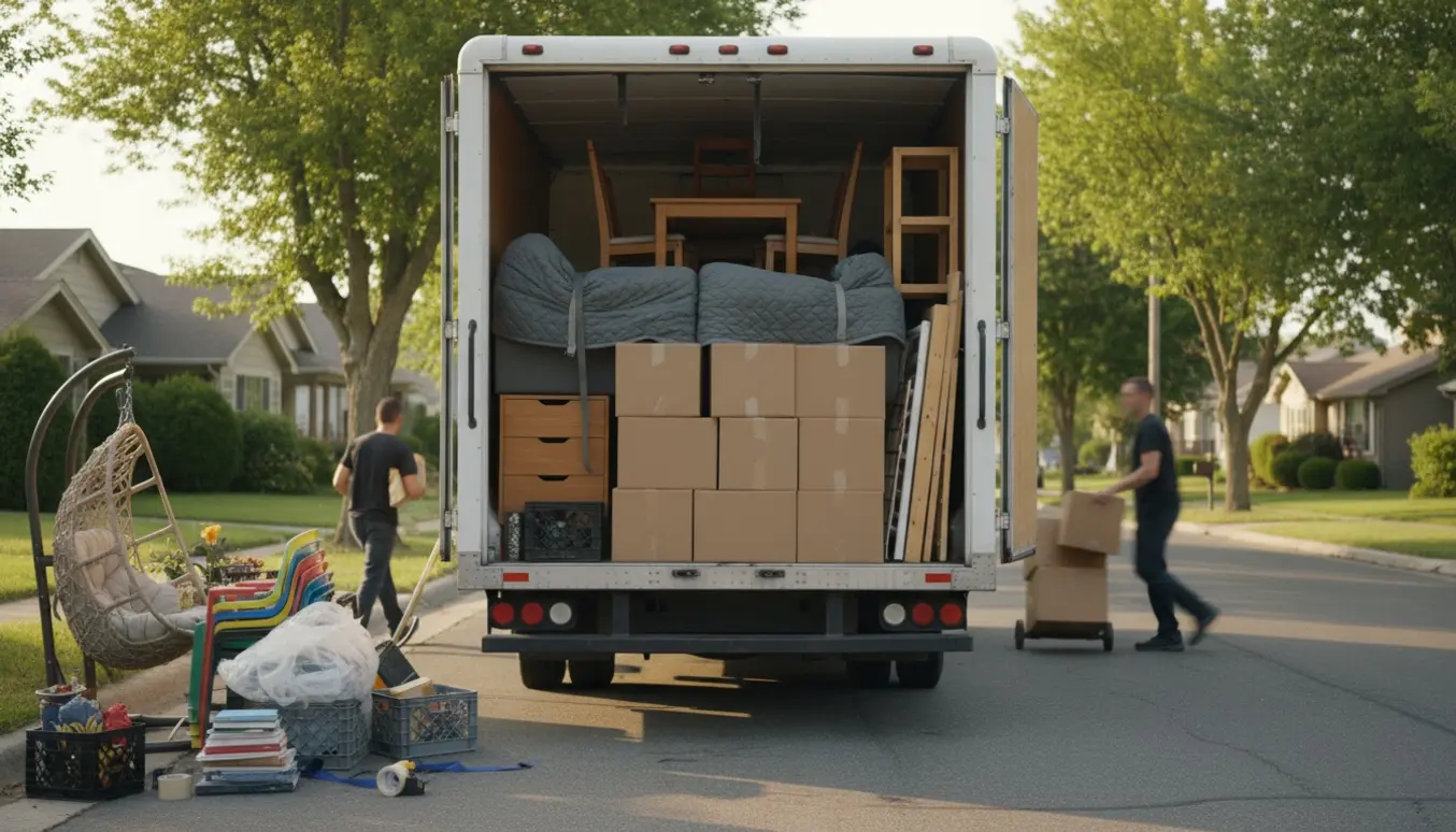 Flyttefolk læsser møbler og flyttekasser ind i en ubrandet varevogn foran rækkehuse i Borup.