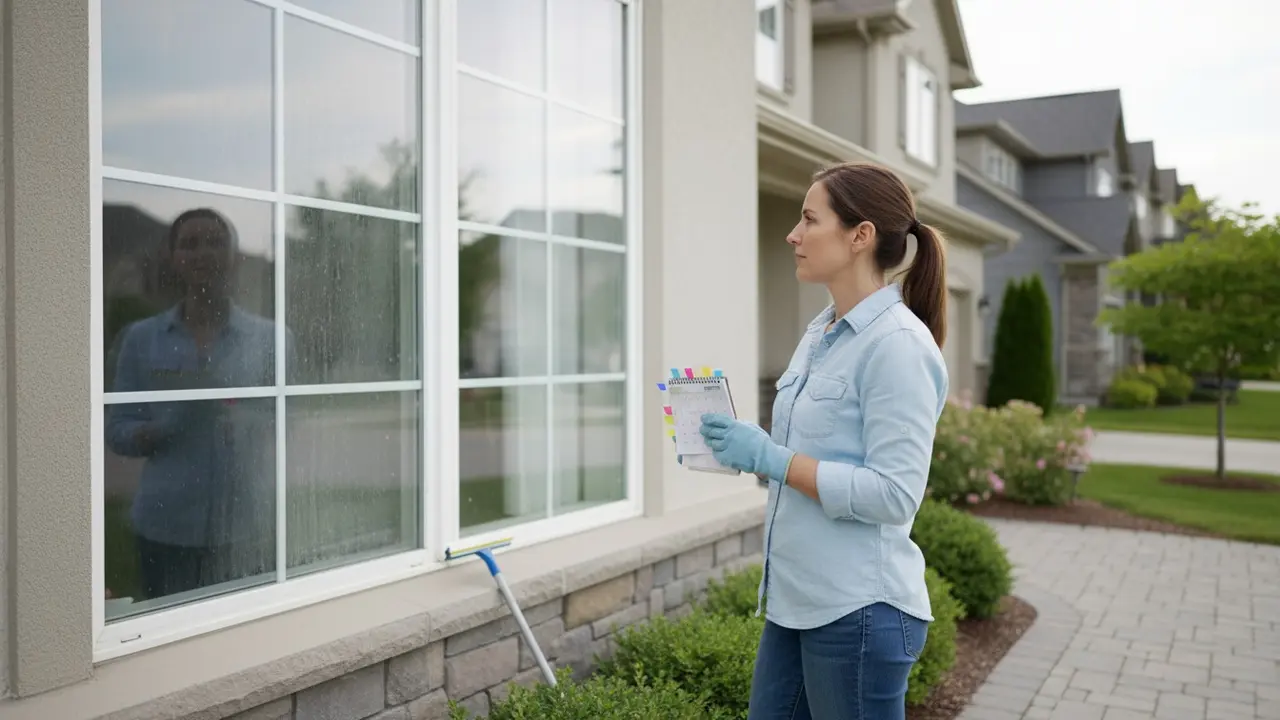 Person holder kalender og squeegee foran vindue med ét rent og ét beskidt felt