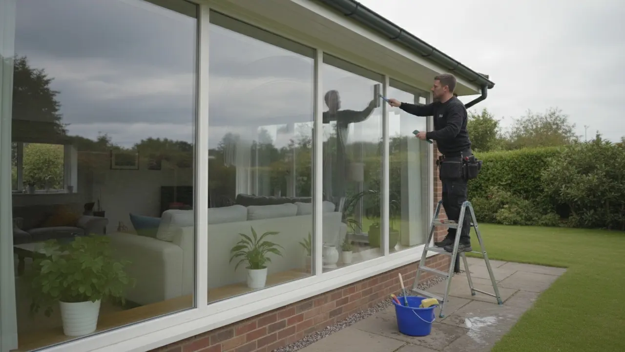 Vinduespudser rengør vindue under blødt, overskyet lys uden genskin