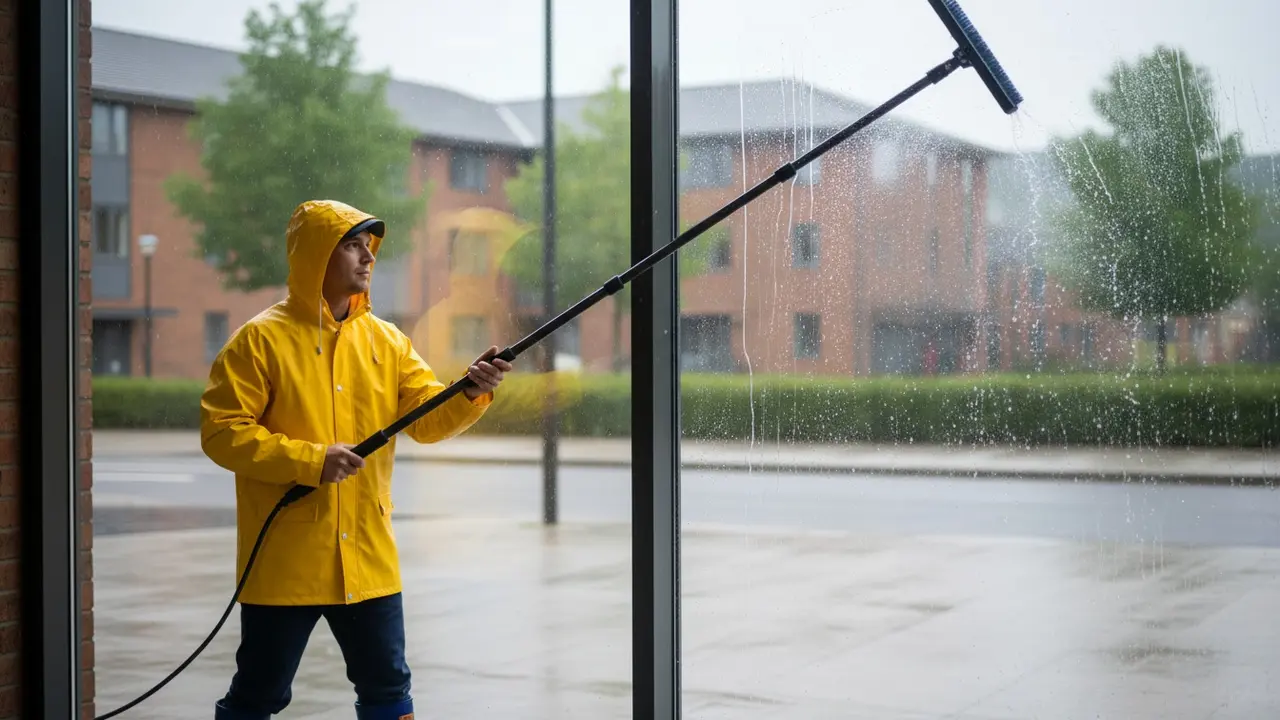 Person i regnfrakke og gummistøvler pudser vindue med teleskopstang i let regn