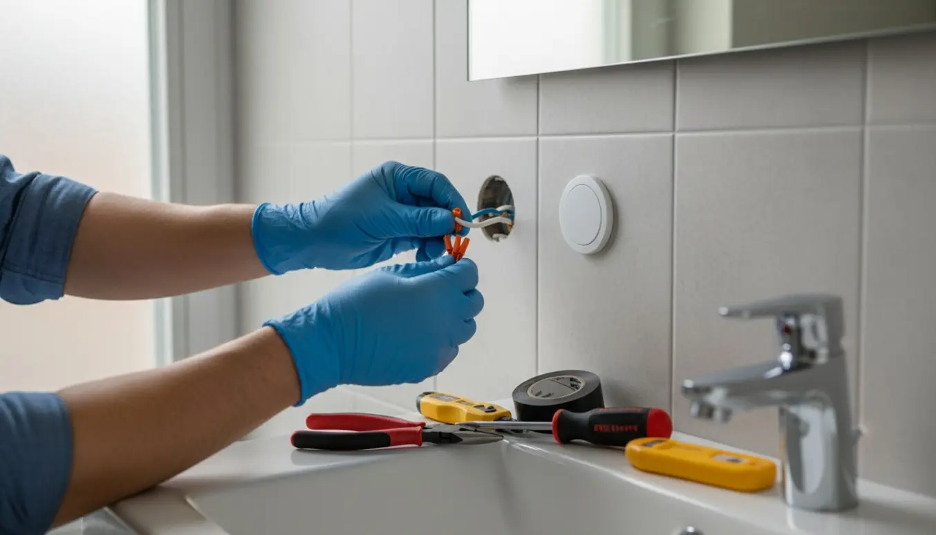 Hænder i arbejdshandsker afpropper to lampeudtag på en flisebeklædt badeværelsesvæg.