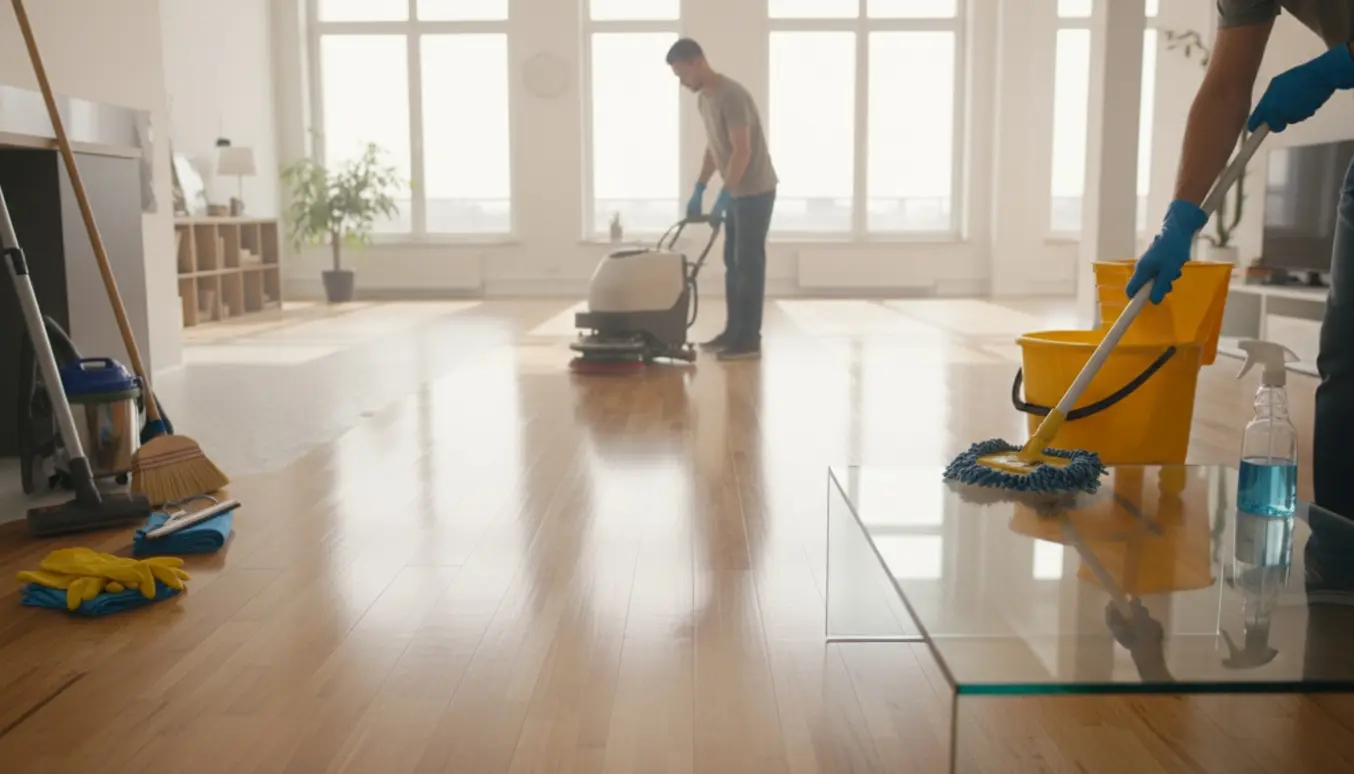 Professionel rengøring i et lyst, åbent lokale med gulvvaskemaskine, moppe og klude.