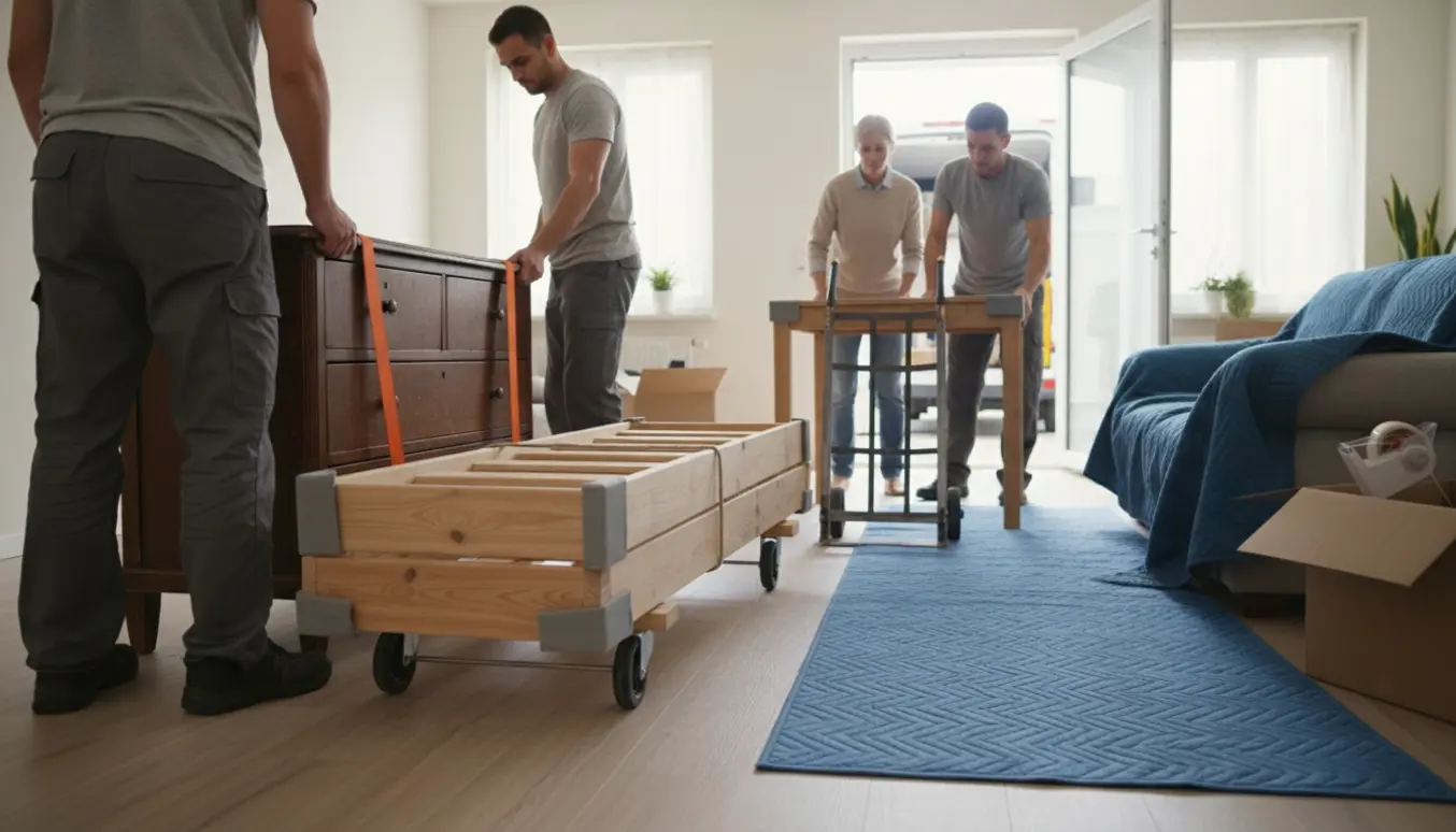 Flyttefolk bærer en kommode, to enkeltsenge og et lille spisebord ud af en lejlighed med flyttetæpper og en åben varevogn i baggrunden.