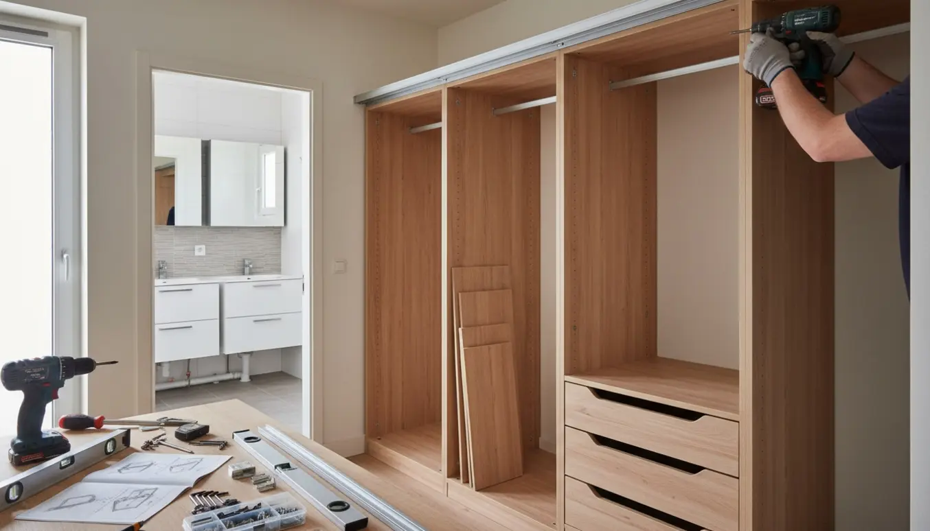 Hænder monterer skydedørsskinne foran delvist samlede garderobeskabe med to væghængte badeværelsesmoduler i baggrunden.