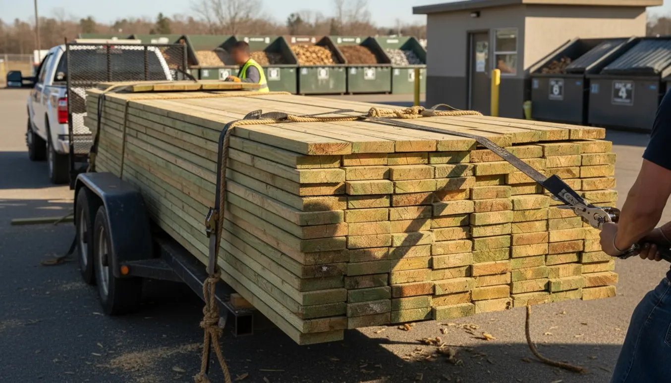 Pickup og trailer med lange, vejrslidte trykimprægnerede terrassebrædder fastspændt ved en genbrugsplads, personer ses bagfra.