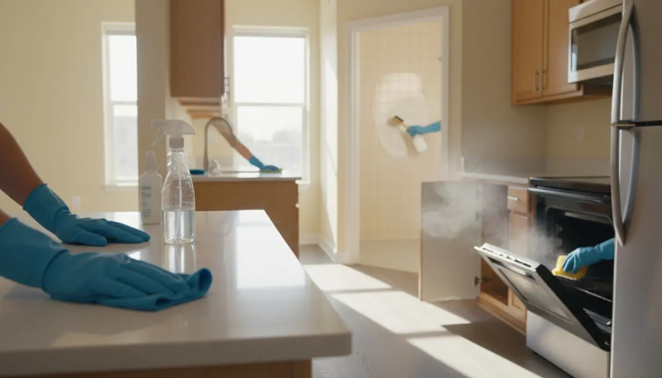 Flytterengøring i en lys lejlighed med gummihandsker, rengøringsmidler, åben ovn og afkalkning af badeværelsesfliser.