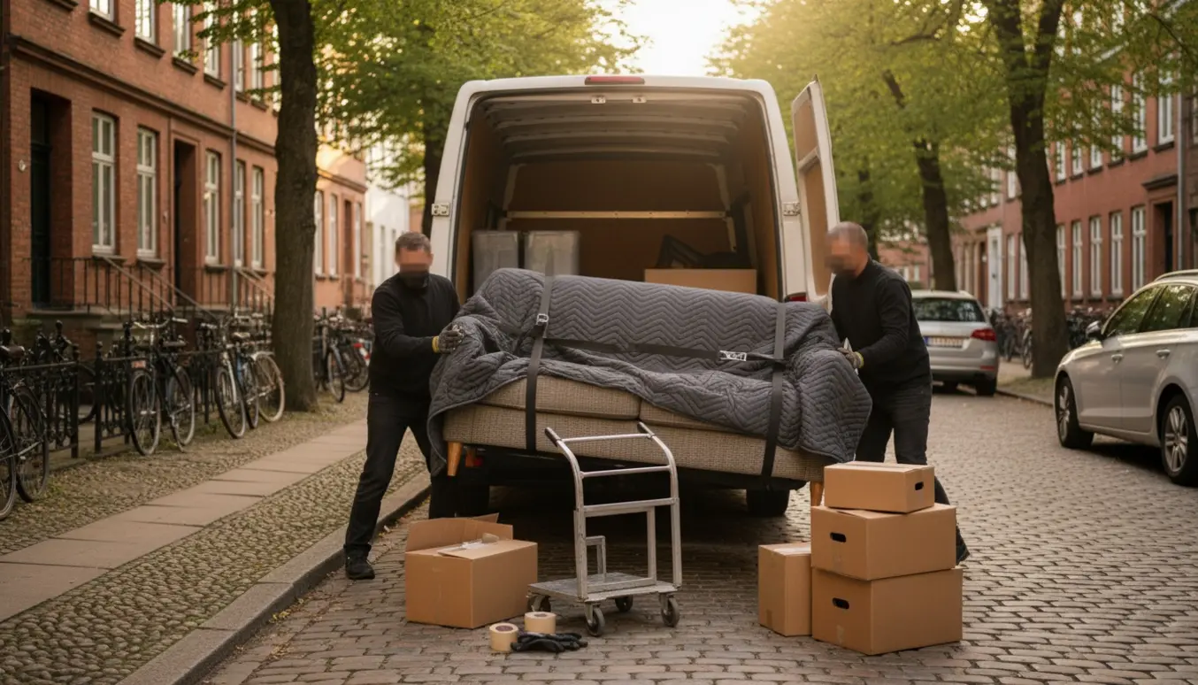 En sofa bæres af to personer ind i en hvid flyttevogn på en træbevokset gade under en flytning fra Ishøj til Frederiksberg.