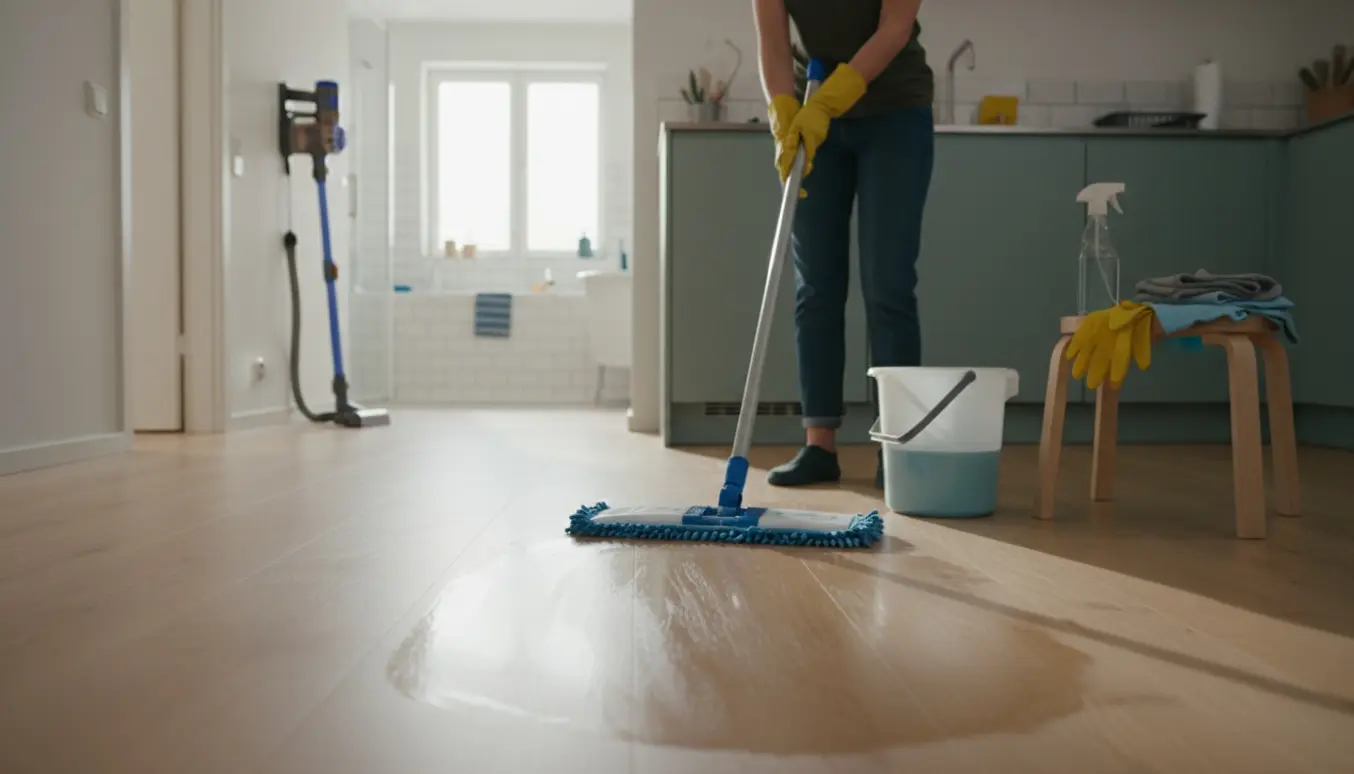 Fraflytningsrengøring: hænder mopper et behandlet trægulv i en lys lejlighed med spand og rengøringsudstyr i baggrunden.