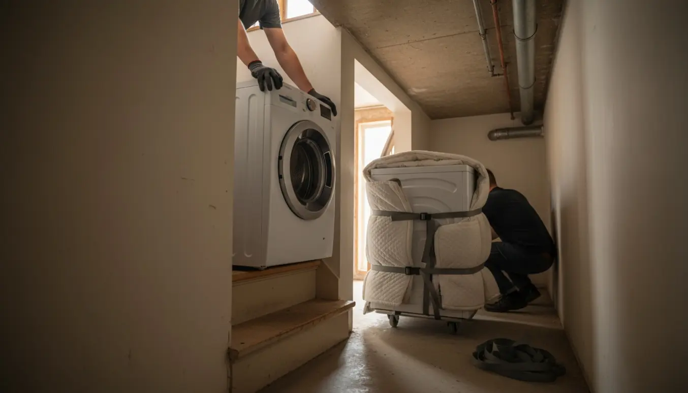Flyttefolk bærer opvaskemaskine, vaskemaskine og tørretumbler ned ad trapper til en lavloftet kælder.
