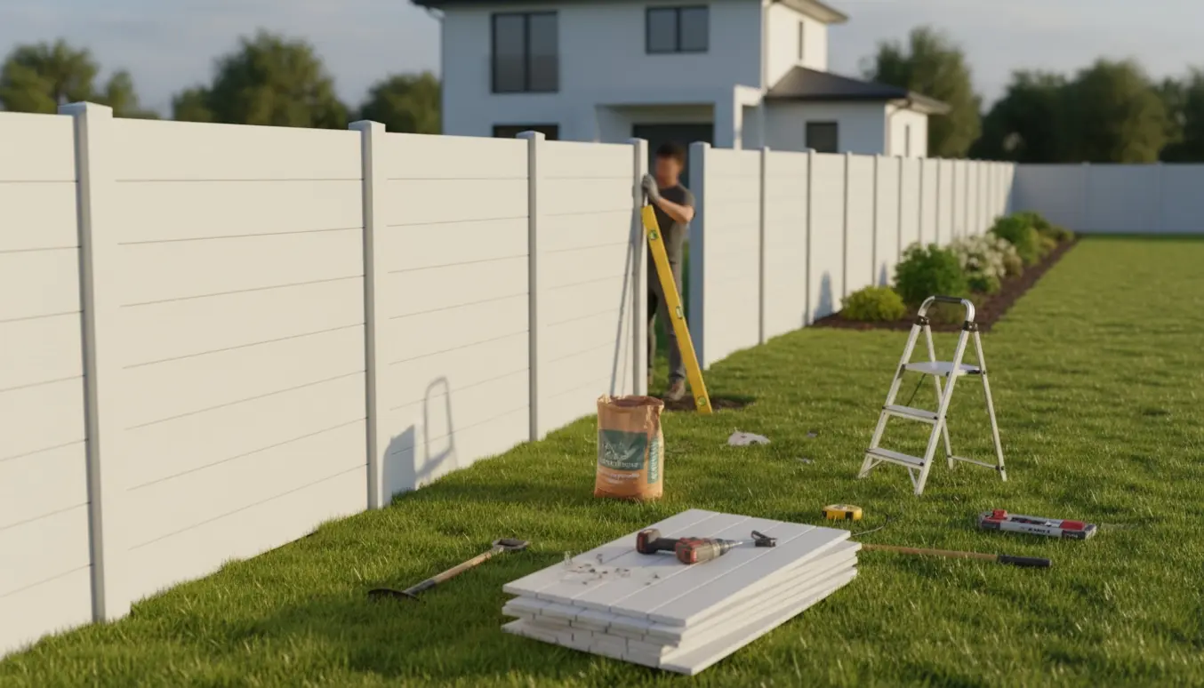 Opsætning af et 2 meter højt vedligeholdelsesfrit hegn langs en have med værktøj og materialer i forgrunden.