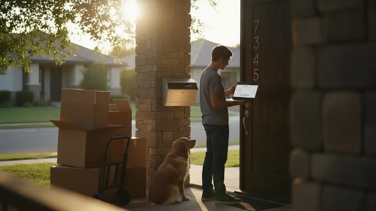 Person ved nye hjem med flyttekasser tjekker adresseændring på laptop ved postkassen