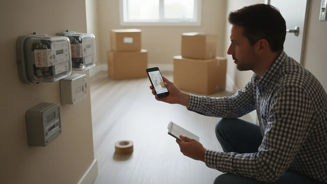 Person aflæser og fotograferer el-, vand- og gasmålere før fraflytning