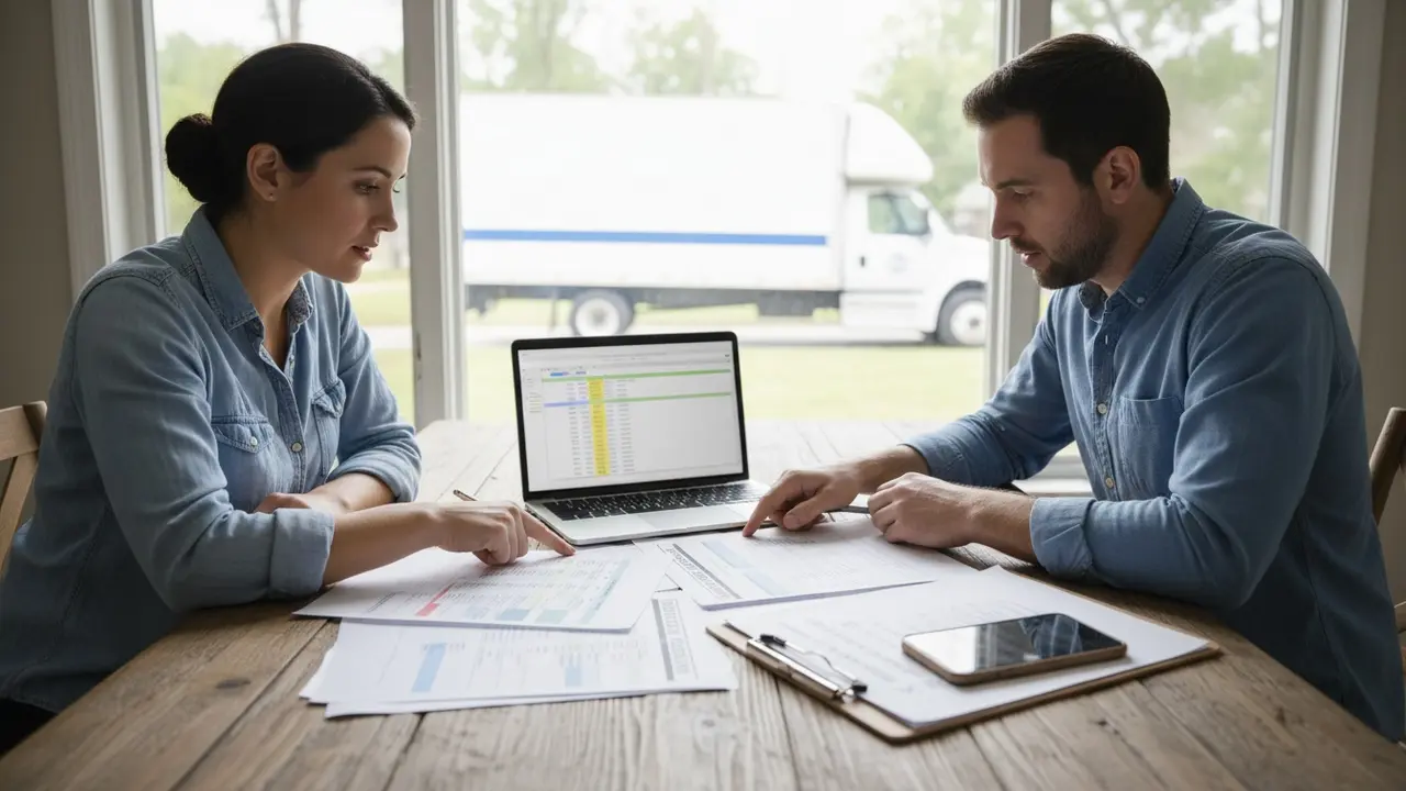 To personer sammenligner flyttetilbud ved bord med tilbud, laptop og tjekliste