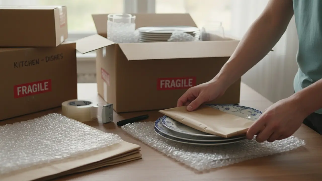 Nærbillede af indpakning: skrøbelige genstande i papir og bobleplast, stabile flyttekasser