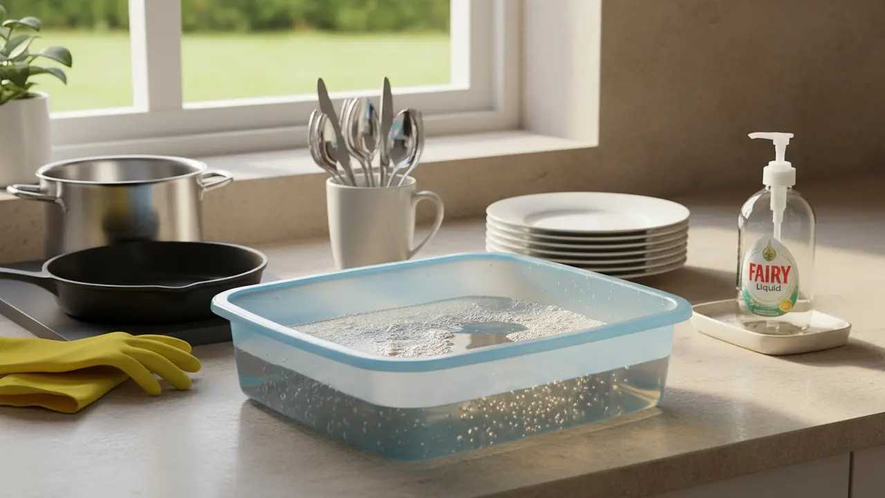 Køkkenbord med opvaskebalje, opvaskemiddel, tallerkener og bestik klar til opvask.