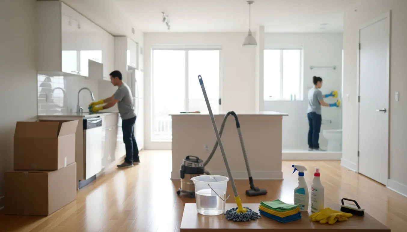 Rengøringsscene i en lys, tom lejlighed med rengøringsudstyr og handske‑klædte hænder, der pudser en vask.
