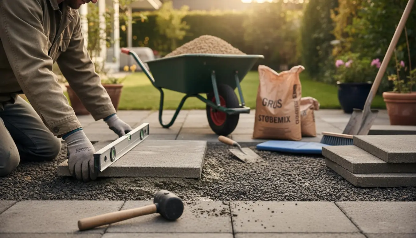 Hænder lægger en haveflise på et friskt grus- og støbemixunderlag i en solrig have.