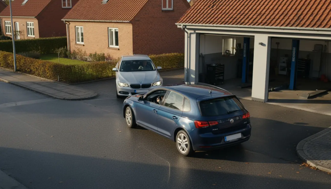 To biler kører mod et autoværksted på en stille villavej i klart eftermiddagslys, den ene følger den anden.