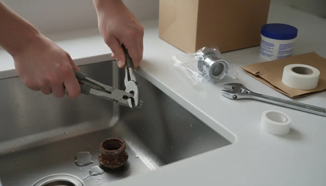 Nærbillede af en køkkenvask under reparation med en hånd, der løsner en gammel bundprop, og en ny bundprop og værktøj klar på bordet.