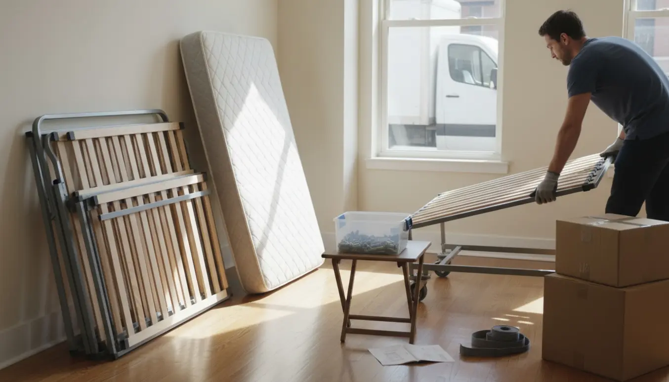 Adskilt seng og madras lænet mod væggen med flytteudstyr klar til fjernelse.